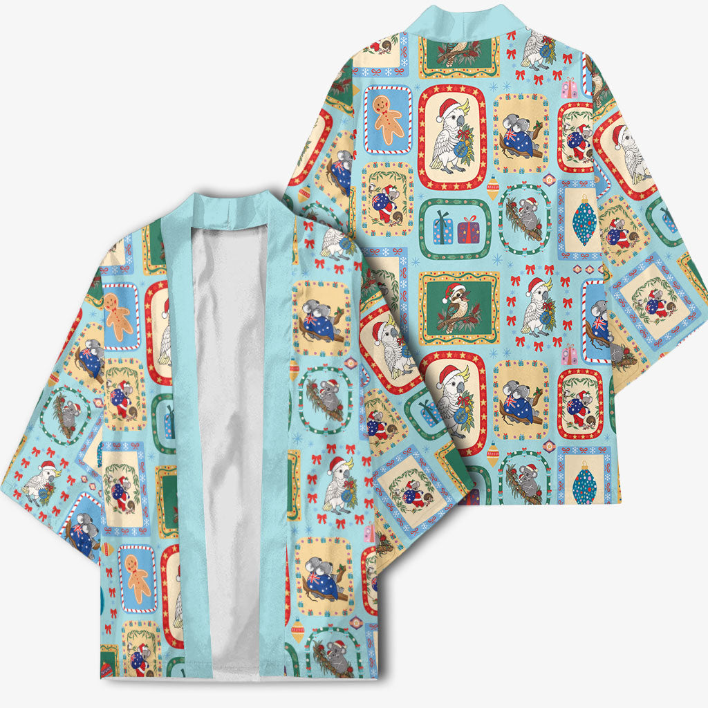 Australia Wildlife Christmas Stamp Kimono Blue Aussie Native Animal Seamless Pattern