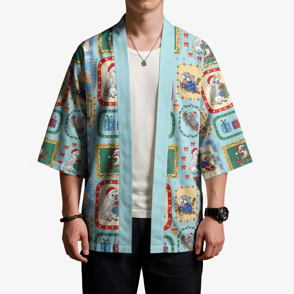 Australia Wildlife Christmas Stamp Kimono Blue Aussie Native Animal Seamless Pattern