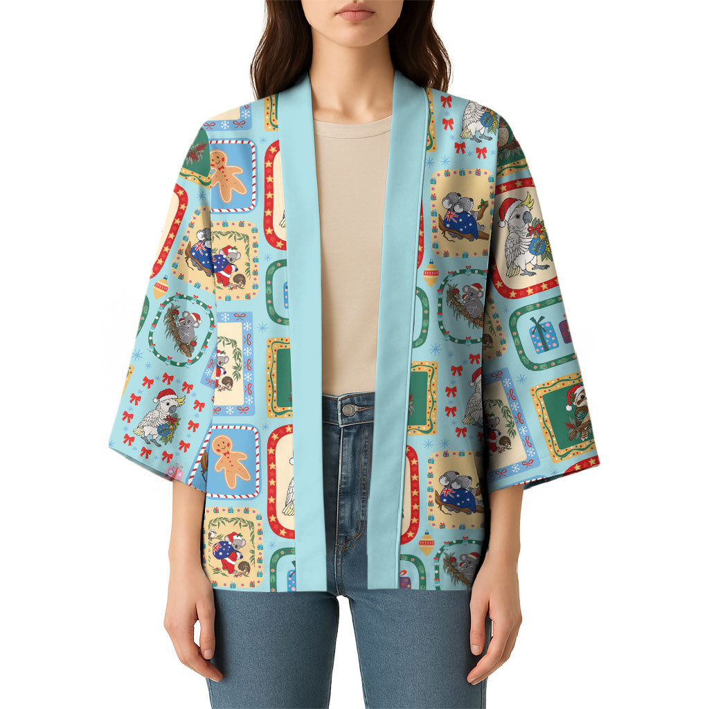 Australia Wildlife Christmas Stamp Kimono Blue Aussie Native Animal Seamless Pattern