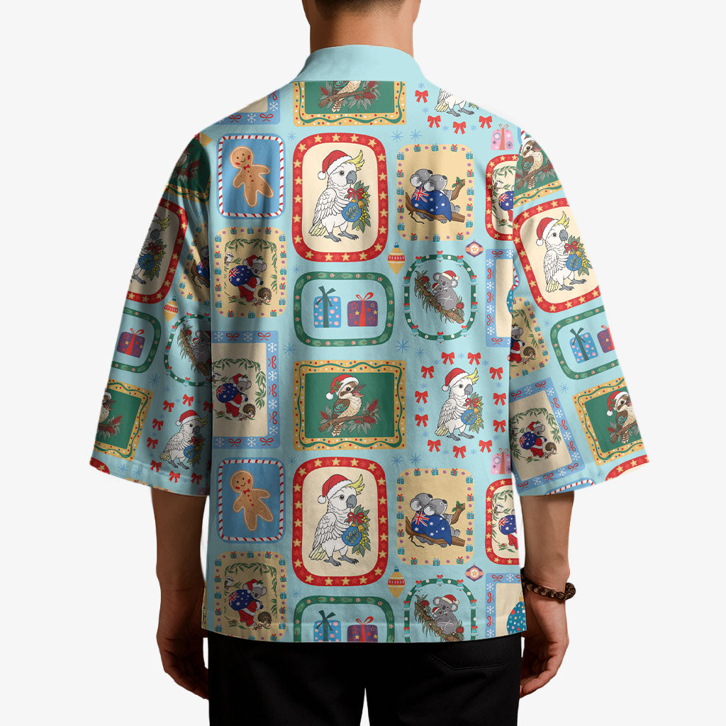 Australia Wildlife Christmas Stamp Kimono Blue Aussie Native Animal Seamless Pattern
