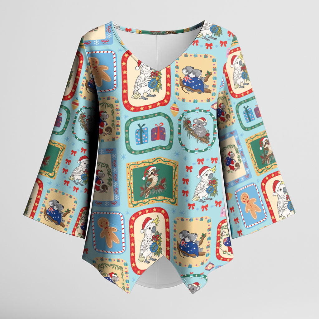Australia Wildlife Christmas Stamp Kimono Sleeve Blouse Blue Aussie Native Animal Seamless Pattern