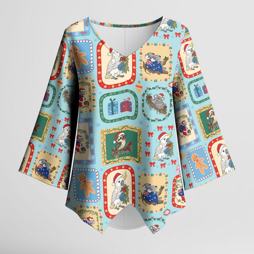 Australia Wildlife Christmas Stamp Kimono Sleeve Blouse Blue Aussie Native Animal Seamless Pattern