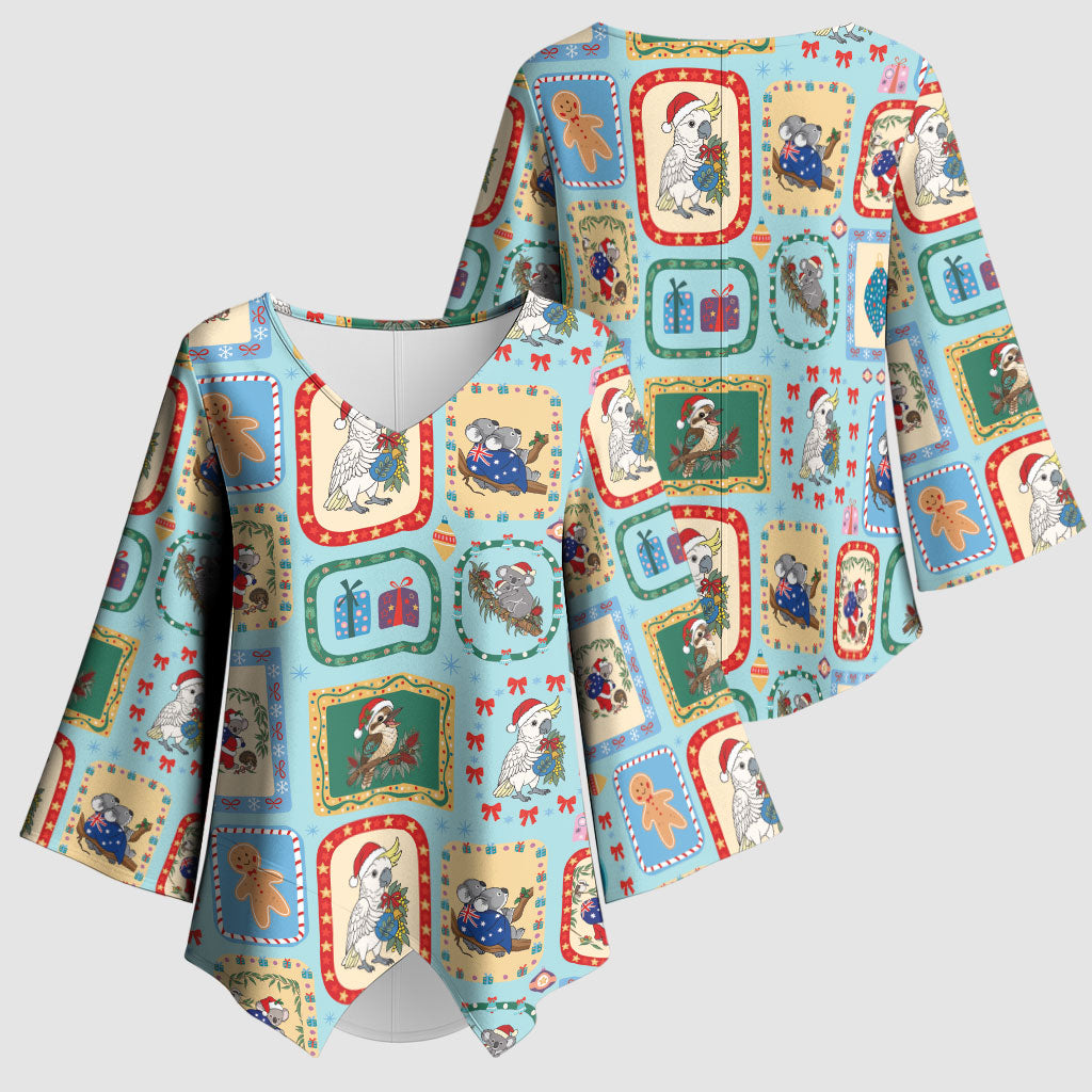 Australia Wildlife Christmas Stamp Kimono Sleeve Blouse Blue Aussie Native Animal Seamless Pattern