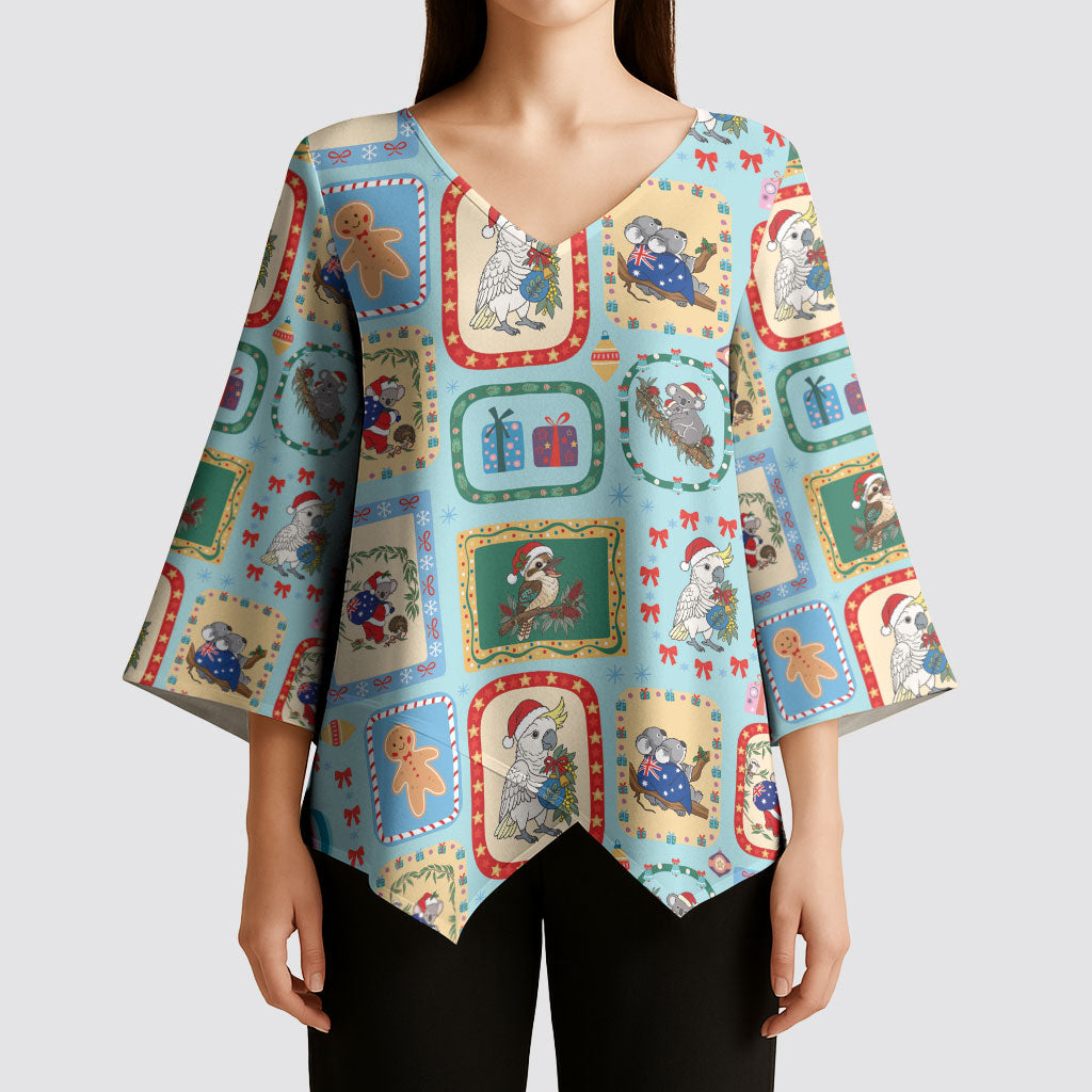 Australia Wildlife Christmas Stamp Kimono Sleeve Blouse Blue Aussie Native Animal Seamless Pattern