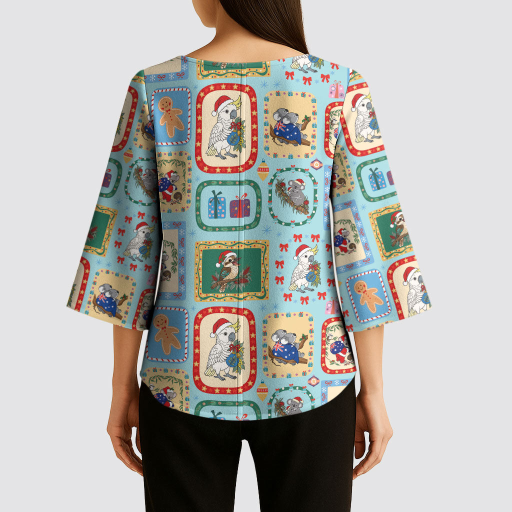 Australia Wildlife Christmas Stamp Kimono Sleeve Blouse Blue Aussie Native Animal Seamless Pattern