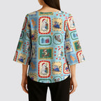 Australia Wildlife Christmas Stamp Kimono Sleeve Blouse Blue Aussie Native Animal Seamless Pattern