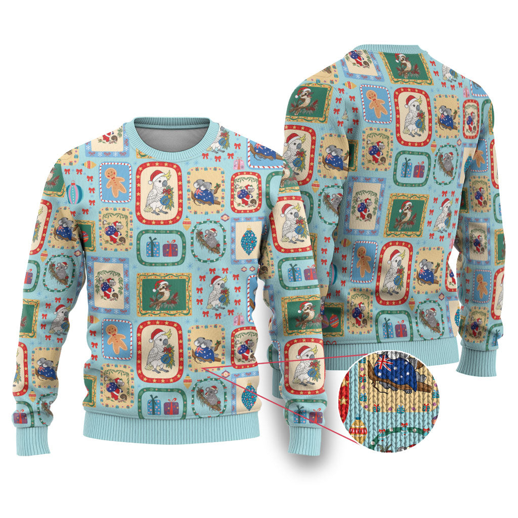 Australia Wildlife Christmas Stamps Ugly Christmas Sweater Blue Aussie Native Animal Seamless Pattern