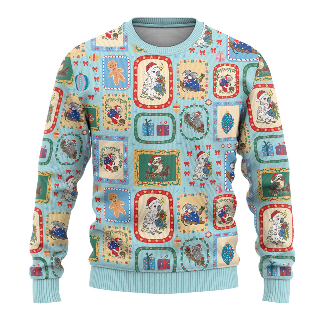 Australia Wildlife Christmas Stamps Ugly Christmas Sweater Blue Aussie Native Animal Seamless Pattern