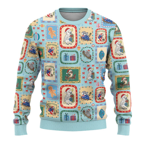 Australia Wildlife Christmas Stamps Ugly Christmas Sweater Blue Aussie Native Animal Seamless Pattern