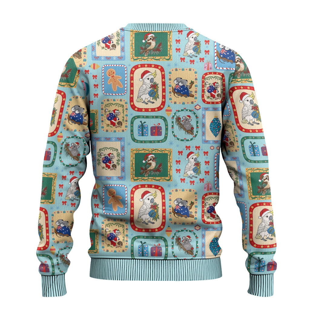 Australia Wildlife Christmas Stamps Ugly Christmas Sweater Blue Aussie Native Animal Seamless Pattern