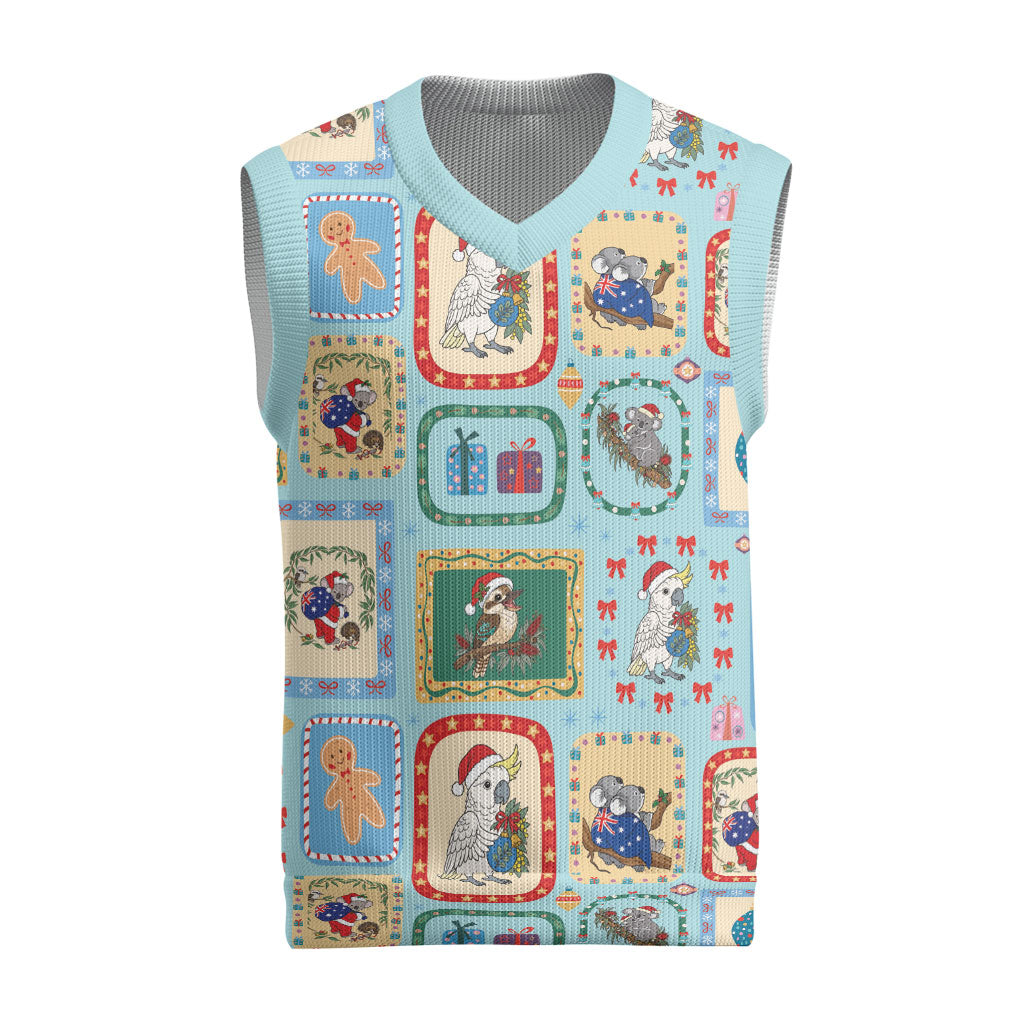 Australia Wildlife Christmas Stamps Christmas Knitted V-Neck Vest Blue Aussie Native Animal Seamless Pattern
