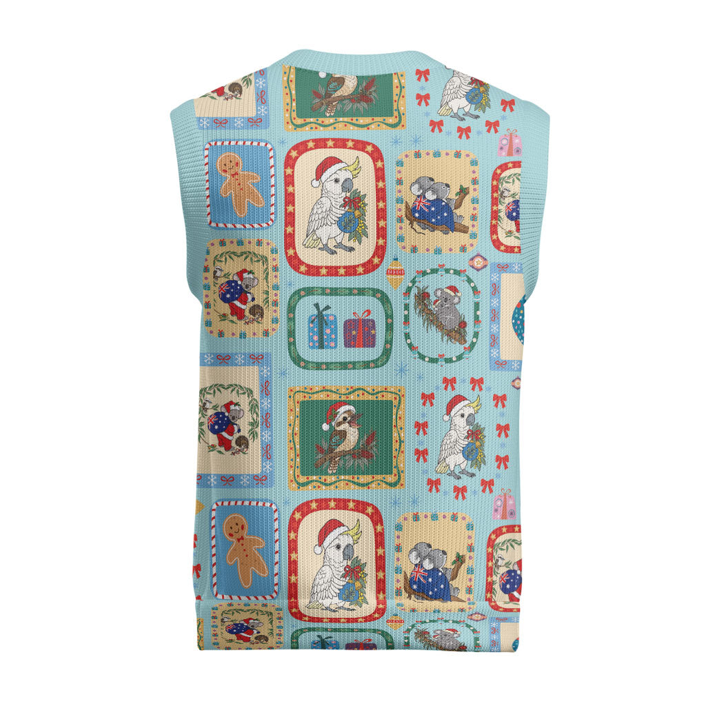 Australia Wildlife Christmas Stamps Christmas Knitted V-Neck Vest Blue Aussie Native Animal Seamless Pattern