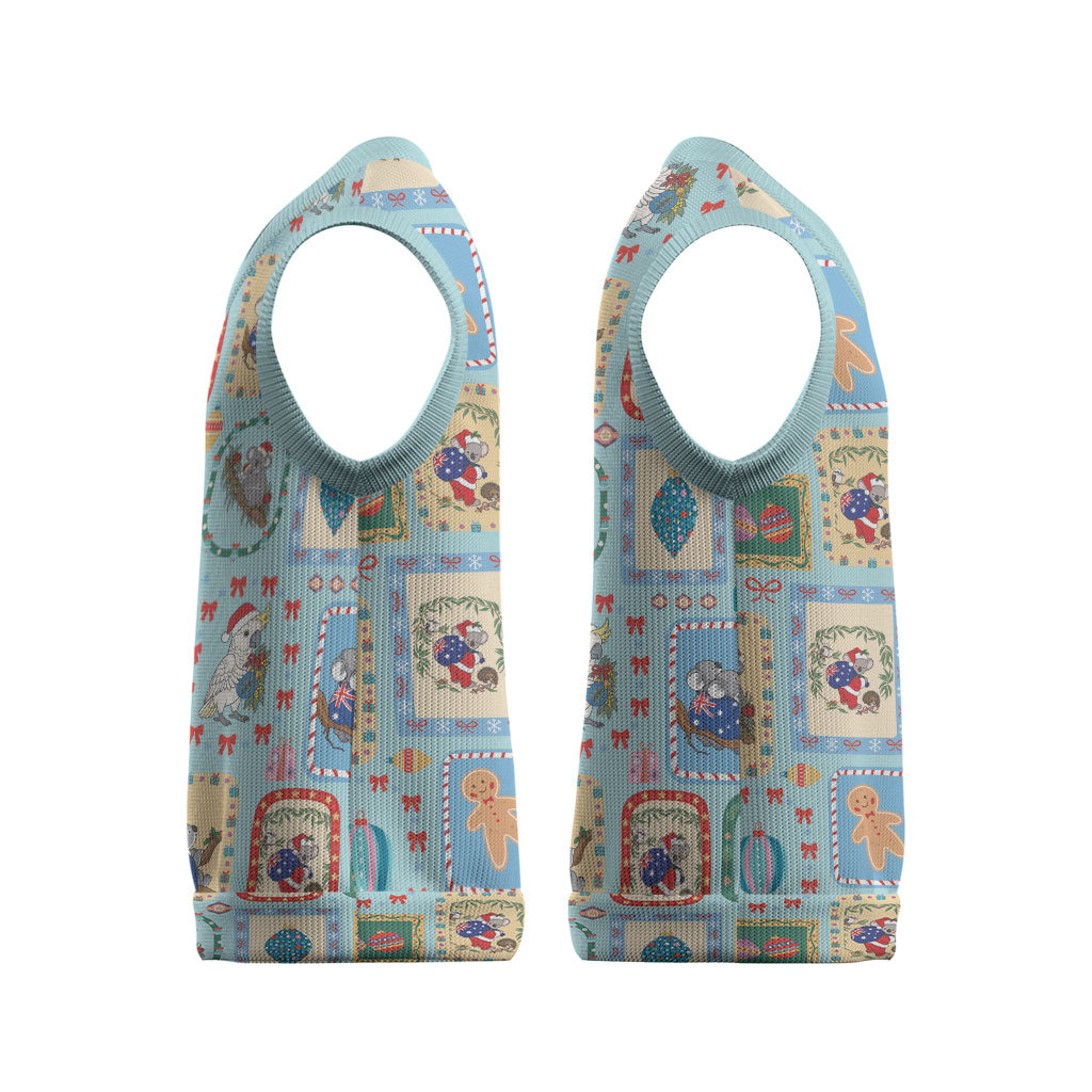 Australia Wildlife Christmas Stamps Christmas Knitted V-Neck Vest Blue Aussie Native Animal Seamless Pattern