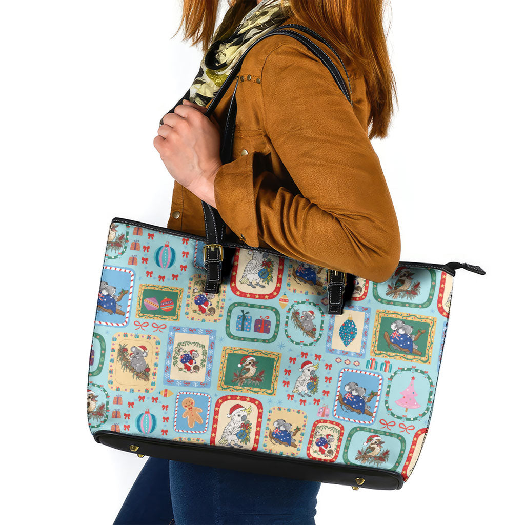 Australia Wildlife Christmas Stamp Leather Tote Bag Blue Aussie Native Animal Seamless Pattern