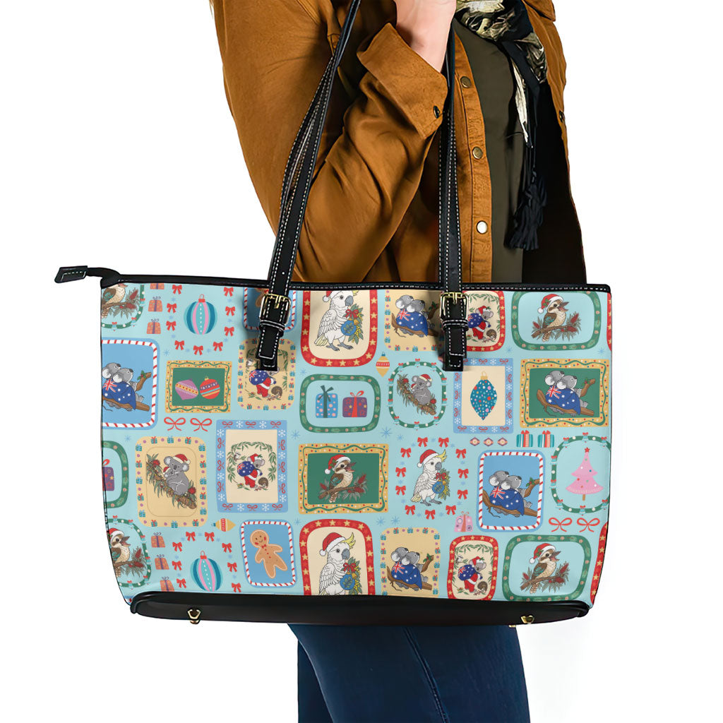 Australia Wildlife Christmas Stamp Leather Tote Bag Blue Aussie Native Animal Seamless Pattern
