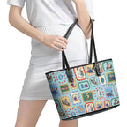 Australia Wildlife Christmas Stamp Leather Tote Bag Blue Aussie Native Animal Seamless Pattern