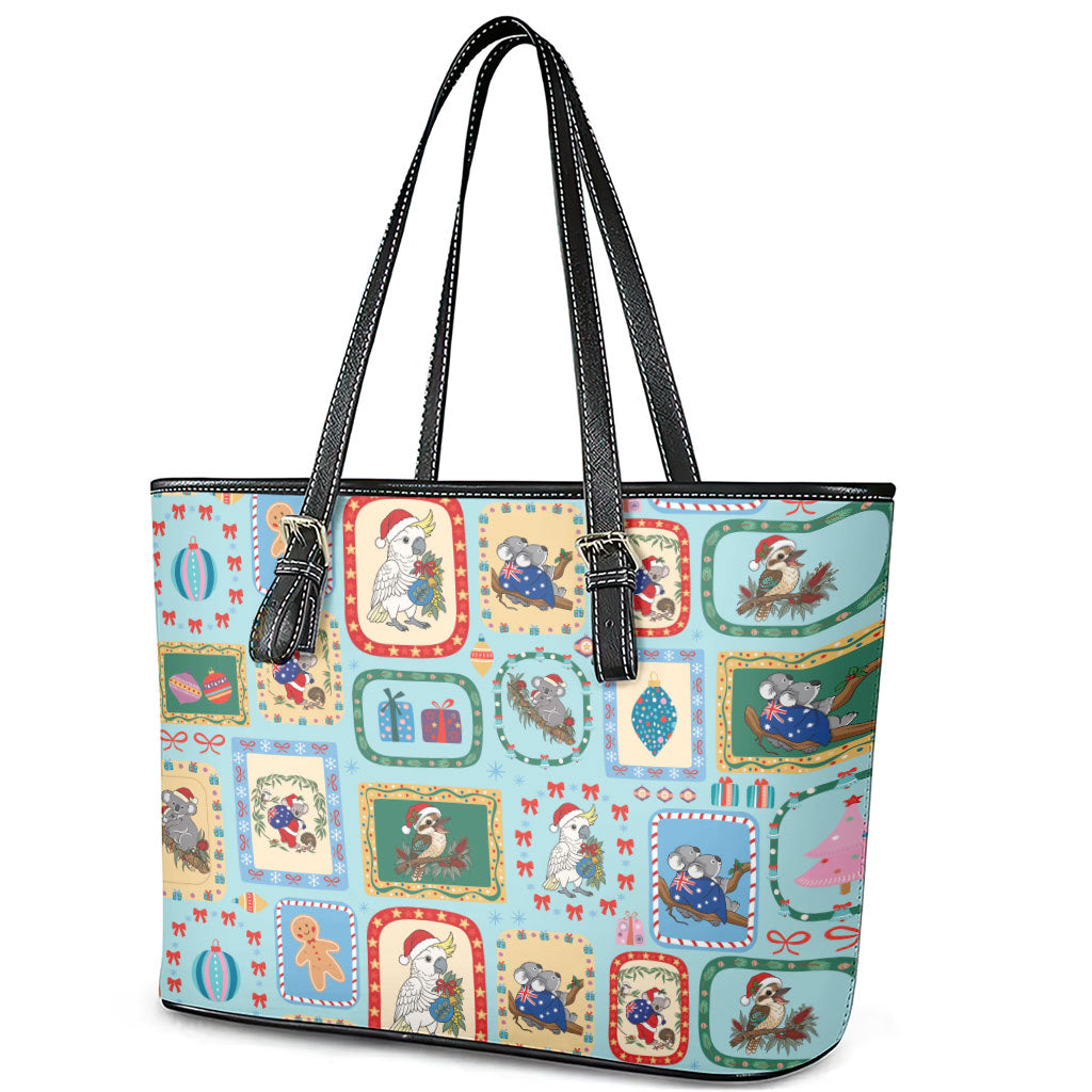 Australia Wildlife Christmas Stamp Leather Tote Bag Blue Aussie Native Animal Seamless Pattern