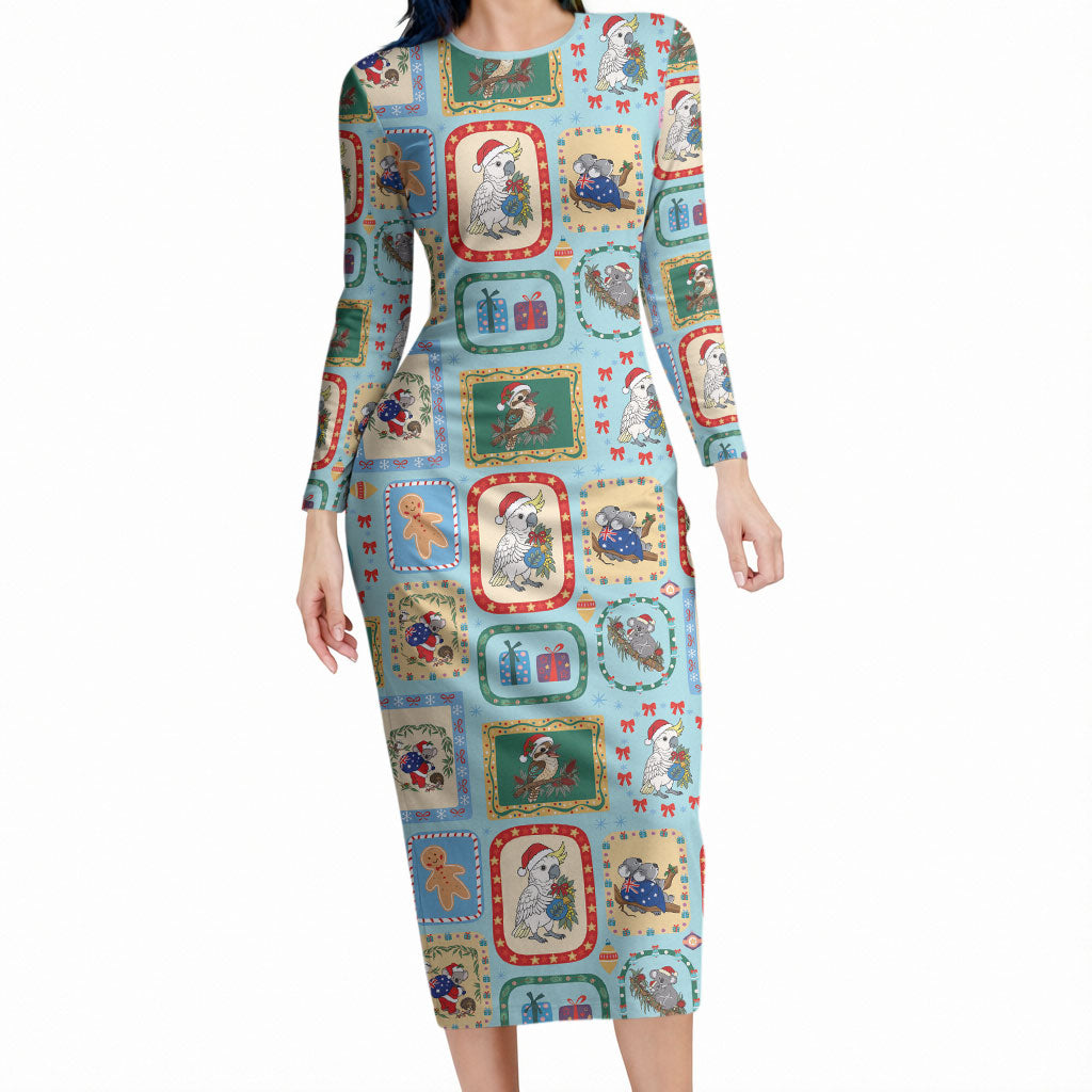 Australia Wildlife Christmas Stamp Long Sleeve Bodycon Dress Blue Aussie Native Animal Seamless Pattern