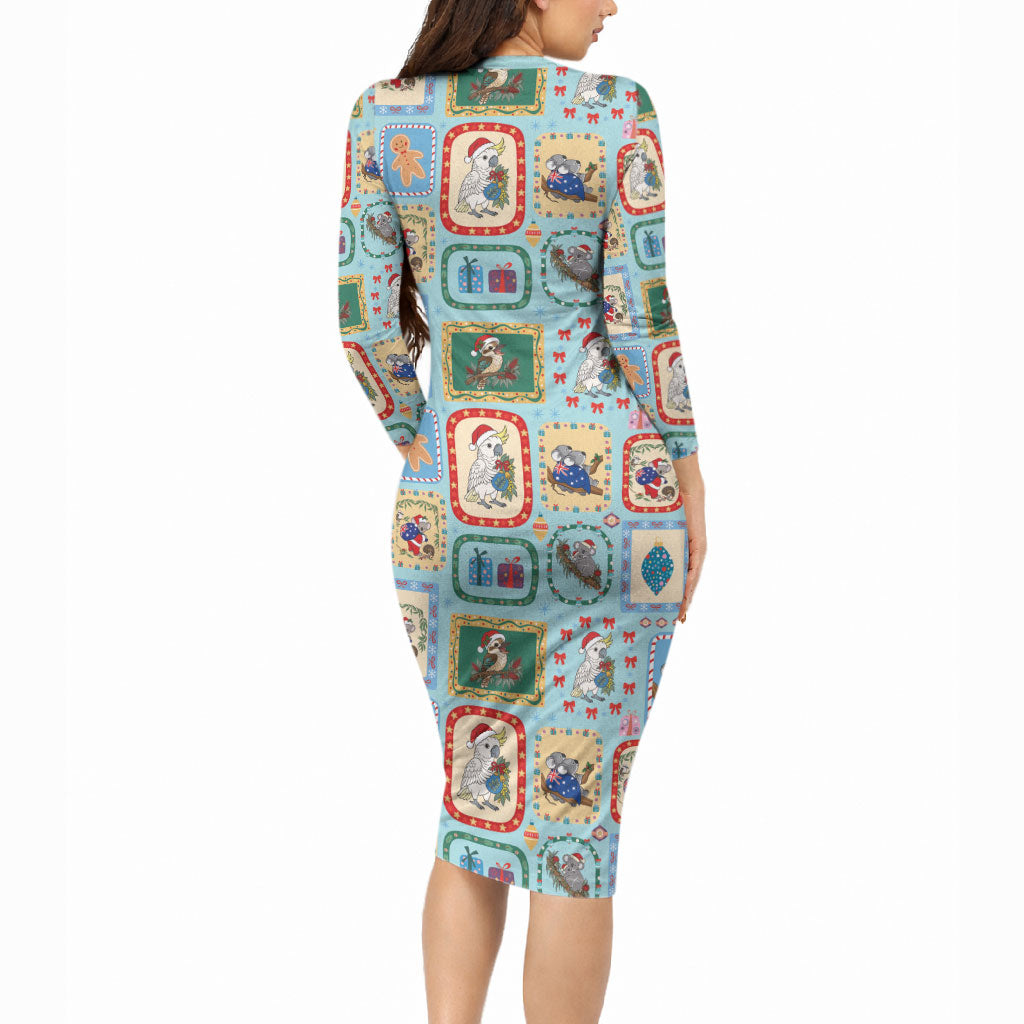 Australia Wildlife Christmas Stamp Long Sleeve Bodycon Dress Blue Aussie Native Animal Seamless Pattern
