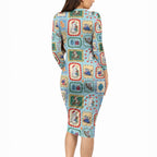 Australia Wildlife Christmas Stamp Long Sleeve Bodycon Dress Blue Aussie Native Animal Seamless Pattern