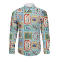 Australia Wildlife Christmas Stamp Long Sleeve Button Shirt Blue Aussie Native Animal Seamless Pattern