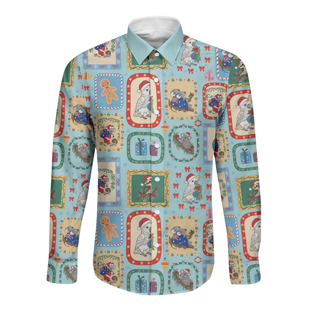 Australia Wildlife Christmas Stamp Long Sleeve Button Shirt Blue Aussie Native Animal Seamless Pattern