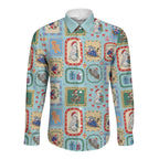 Australia Wildlife Christmas Stamp Long Sleeve Button Shirt Blue Aussie Native Animal Seamless Pattern