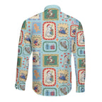 Australia Wildlife Christmas Stamp Long Sleeve Button Shirt Blue Aussie Native Animal Seamless Pattern