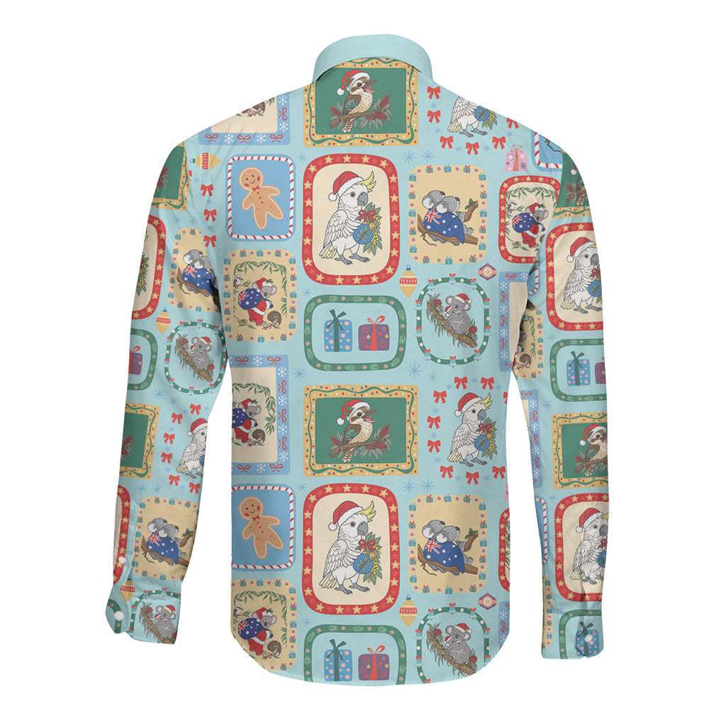Australia Wildlife Christmas Stamp Long Sleeve Button Shirt Blue Aussie Native Animal Seamless Pattern