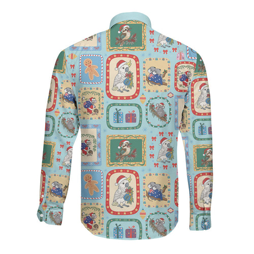 Australia Wildlife Christmas Stamp Long Sleeve Button Shirt Blue Aussie Native Animal Seamless Pattern
