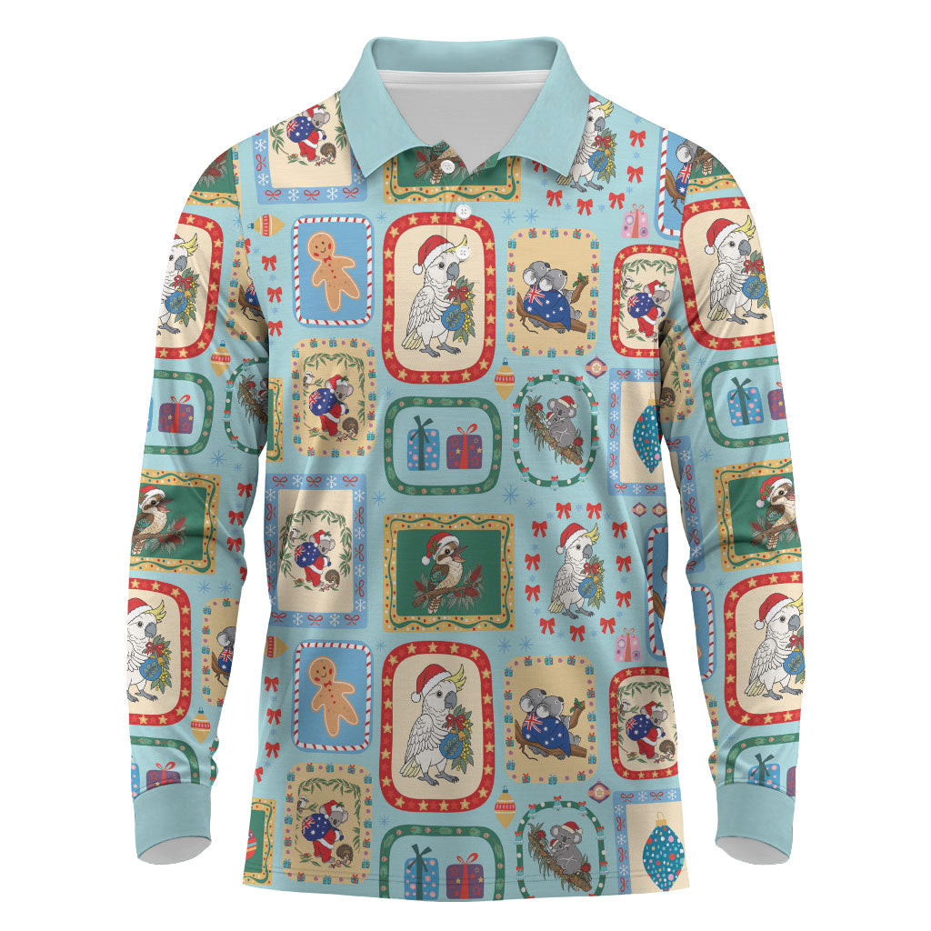Australia Wildlife Christmas Stamp Long Sleeve Polo Shirt Blue Aussie Native Animal Seamless Pattern