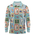 Australia Wildlife Christmas Stamp Long Sleeve Polo Shirt Blue Aussie Native Animal Seamless Pattern