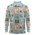 Australia Wildlife Christmas Stamp Long Sleeve Polo Shirt Blue Aussie Native Animal Seamless Pattern