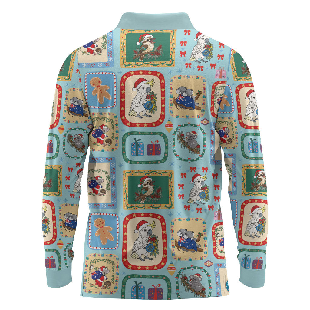 Australia Wildlife Christmas Stamp Long Sleeve Polo Shirt Blue Aussie Native Animal Seamless Pattern
