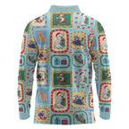 Australia Wildlife Christmas Stamp Long Sleeve Polo Shirt Blue Aussie Native Animal Seamless Pattern