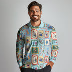 Australia Wildlife Christmas Stamp Long Sleeve Polo Shirt Blue Aussie Native Animal Seamless Pattern