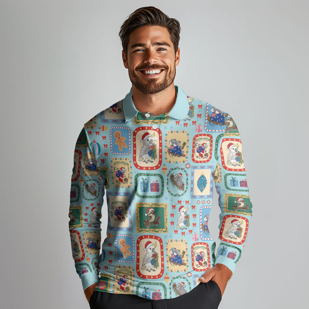 Australia Wildlife Christmas Stamp Long Sleeve Polo Shirt Blue Aussie Native Animal Seamless Pattern