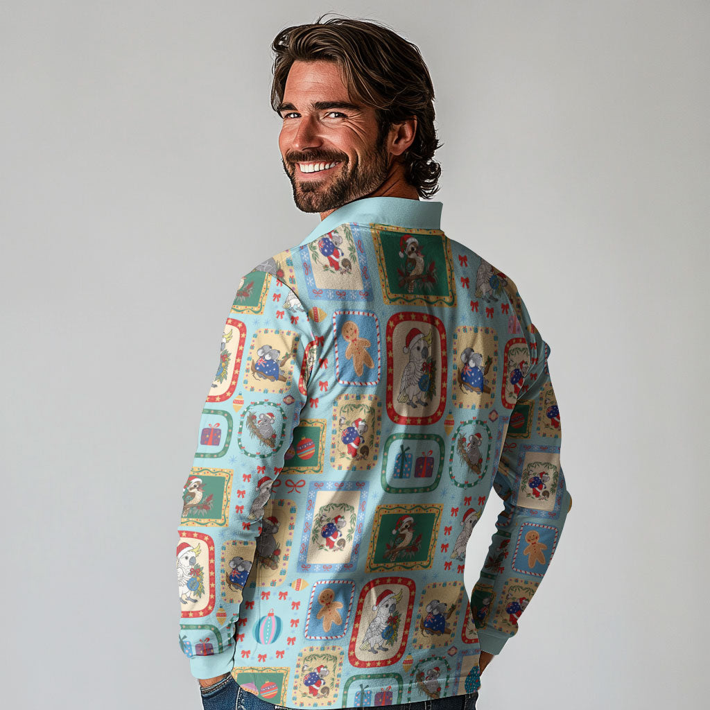 Australia Wildlife Christmas Stamp Long Sleeve Polo Shirt Blue Aussie Native Animal Seamless Pattern