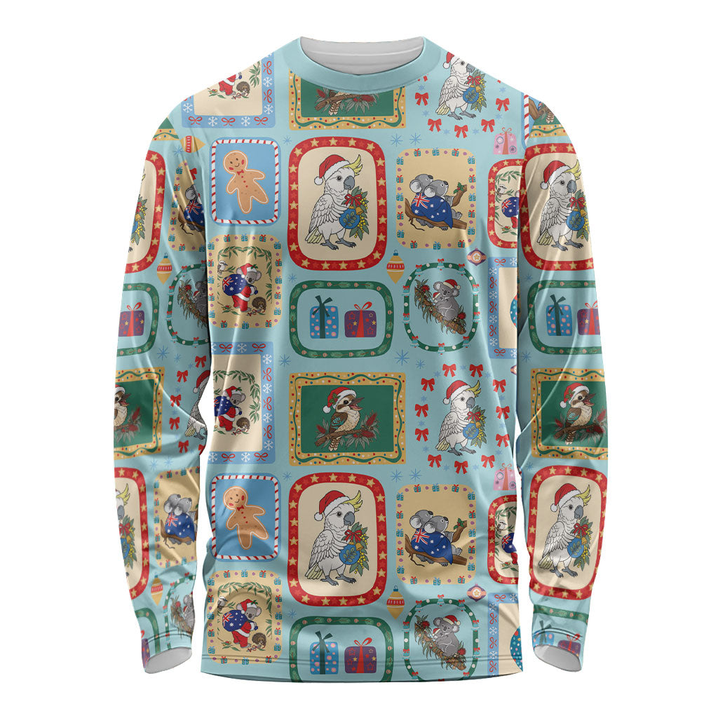Australia Wildlife Christmas Stamp Long Sleeve Shirt Blue Aussie Native Animal Seamless Pattern
