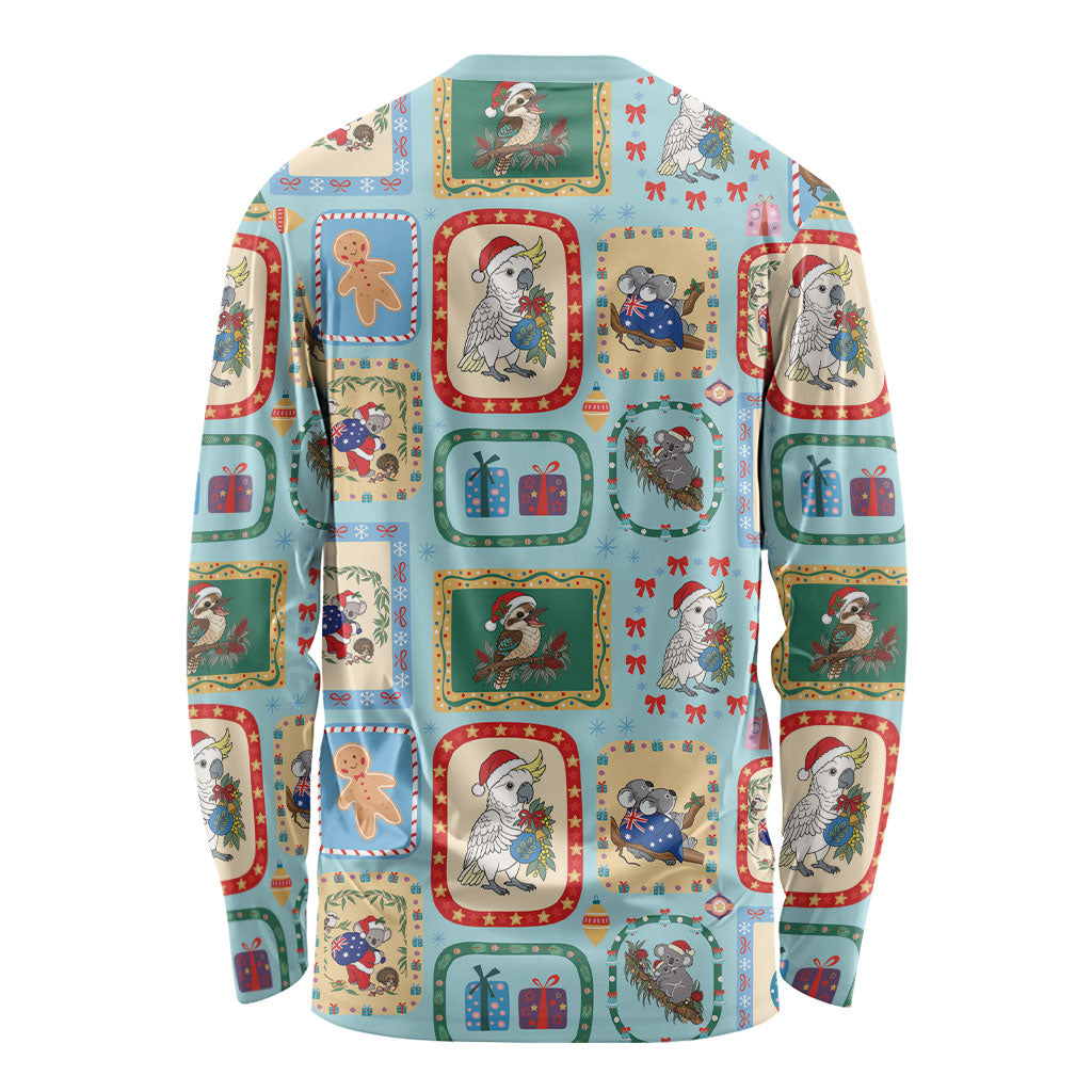 Australia Wildlife Christmas Stamp Long Sleeve Shirt Blue Aussie Native Animal Seamless Pattern