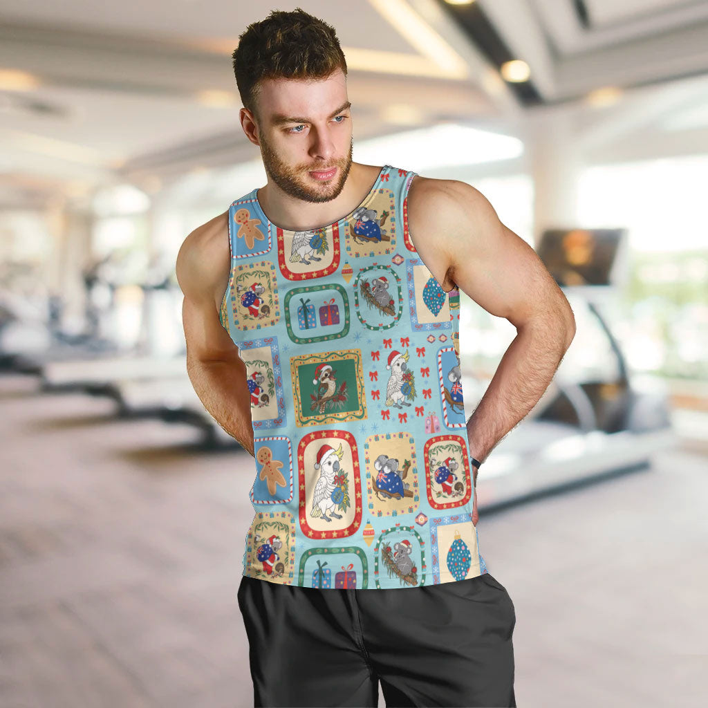 Australia Wildlife Christmas Stamp Men Tank Top Blue Aussie Native Animal Seamless Pattern