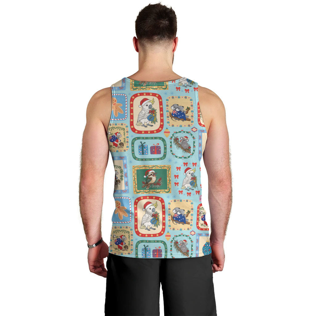 Australia Wildlife Christmas Stamp Men Tank Top Blue Aussie Native Animal Seamless Pattern