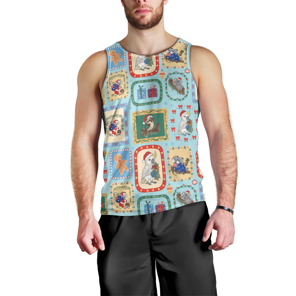 Australia Wildlife Christmas Stamp Men Tank Top Blue Aussie Native Animal Seamless Pattern