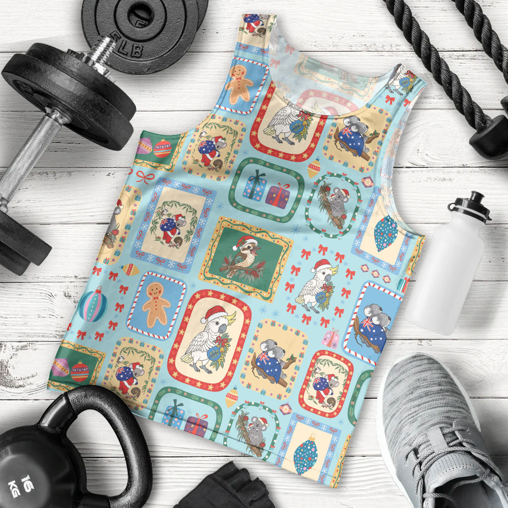 Australia Wildlife Christmas Stamp Men Tank Top Blue Aussie Native Animal Seamless Pattern
