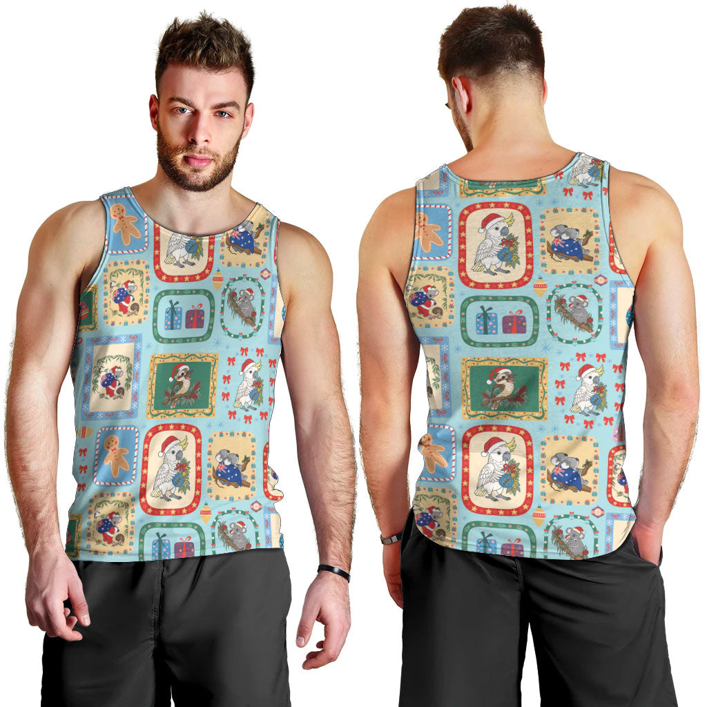 Australia Wildlife Christmas Stamp Men Tank Top Blue Aussie Native Animal Seamless Pattern