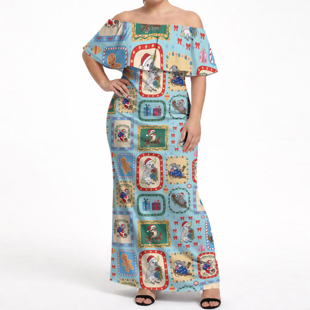 Australia Wildlife Christmas Stamp Off Shoulder Maxi Dress Blue Aussie Native Animal Seamless Pattern