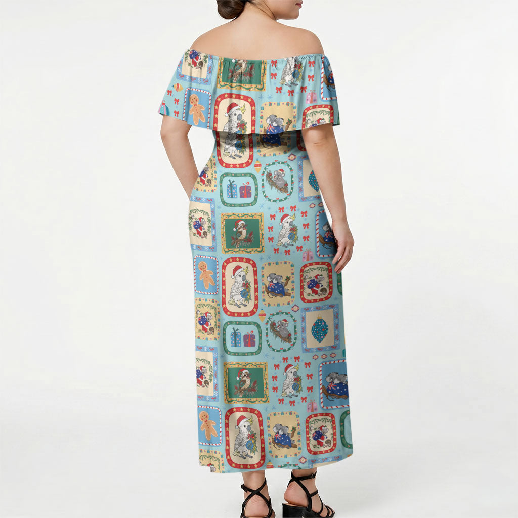 Australia Wildlife Christmas Stamp Off Shoulder Maxi Dress Blue Aussie Native Animal Seamless Pattern