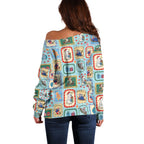 Australia Wildlife Christmas Stamp Off Shoulder Sweater Blue Aussie Native Animal Seamless Pattern