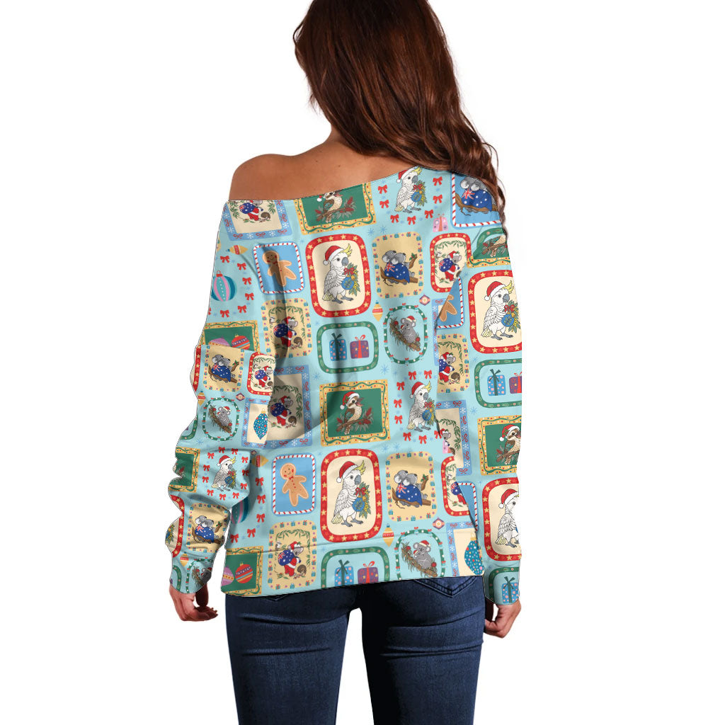 Australia Wildlife Christmas Stamp Off Shoulder Sweater Blue Aussie Native Animal Seamless Pattern