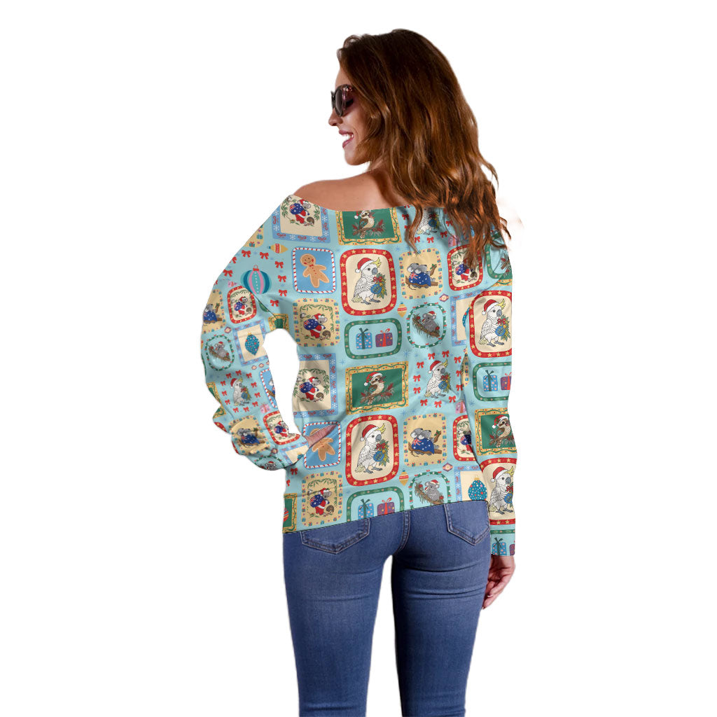 Australia Wildlife Christmas Stamp Off Shoulder Sweater Blue Aussie Native Animal Seamless Pattern